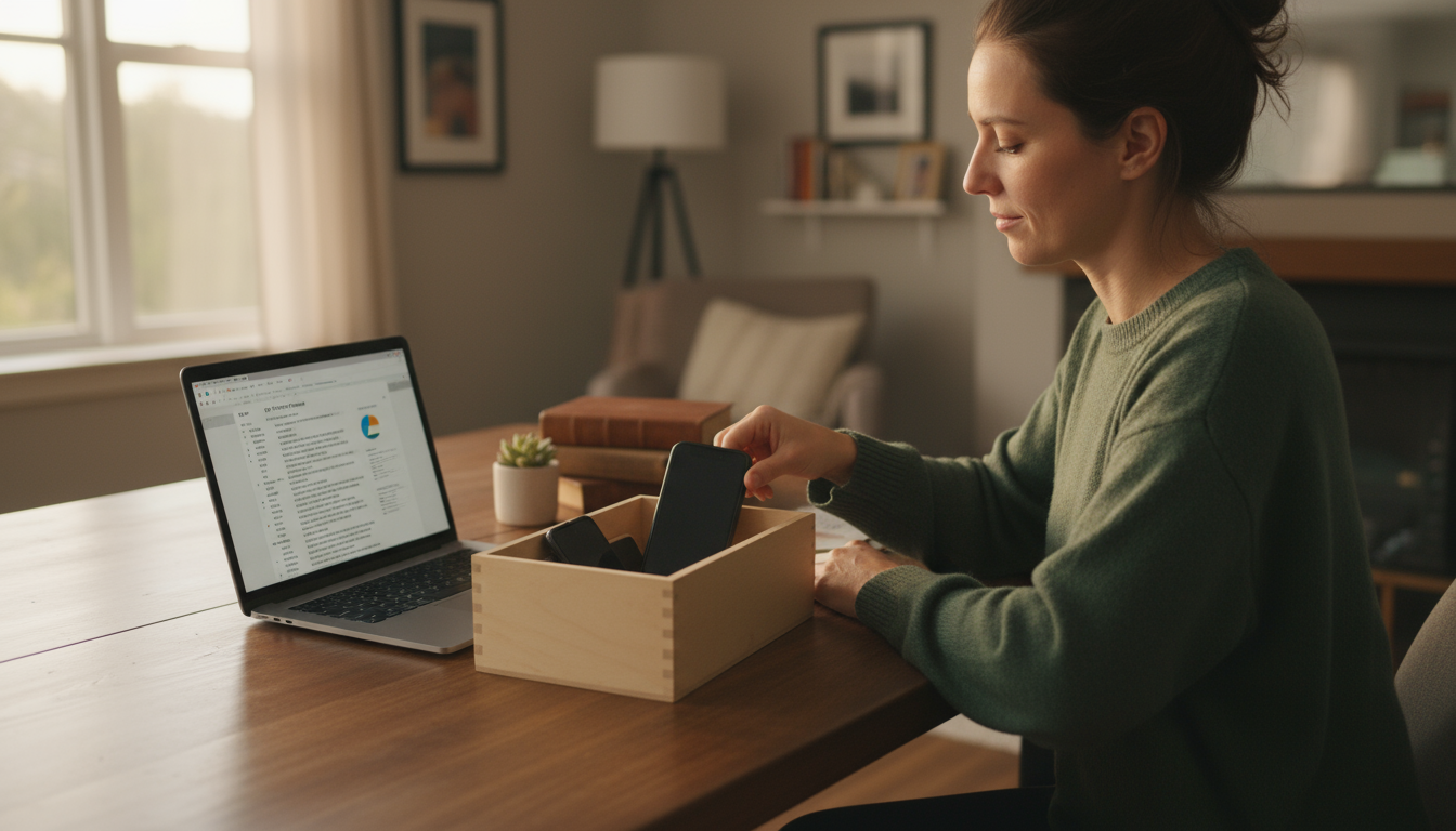 A gender-neutral person (30s) stands up from a tidy minimalist home office desk with a closed laptop, looking calmly at the organized space at dusk.