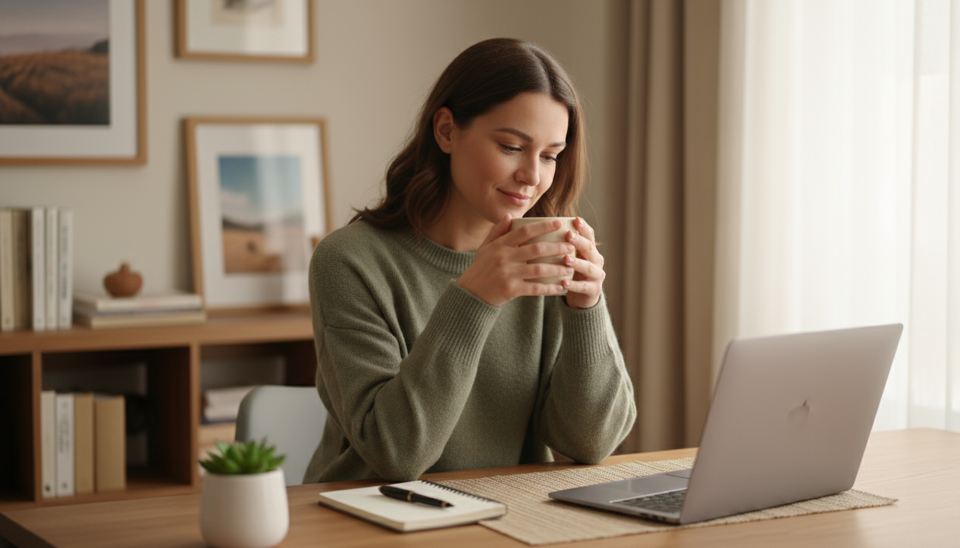 A woman sits at an organized wooden desk, looking calmly at a warm mug in her hands, reflecting with self-compassion in soft light.