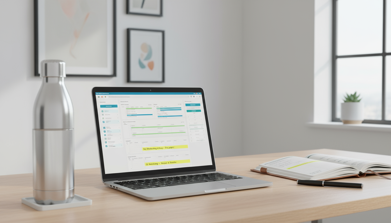 A person at a minimalist desk putting on noise-canceling headphones, with a tea mug and Pomodoro timer nearby, bathed in soft light.