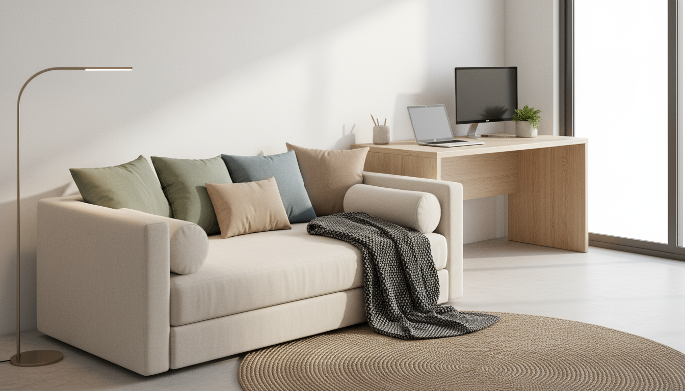 A serene bedroom bathed in soft morning light. A woman sits peacefully on a bed, eyes closed, beside a minimalist bedside table with a book and teacup