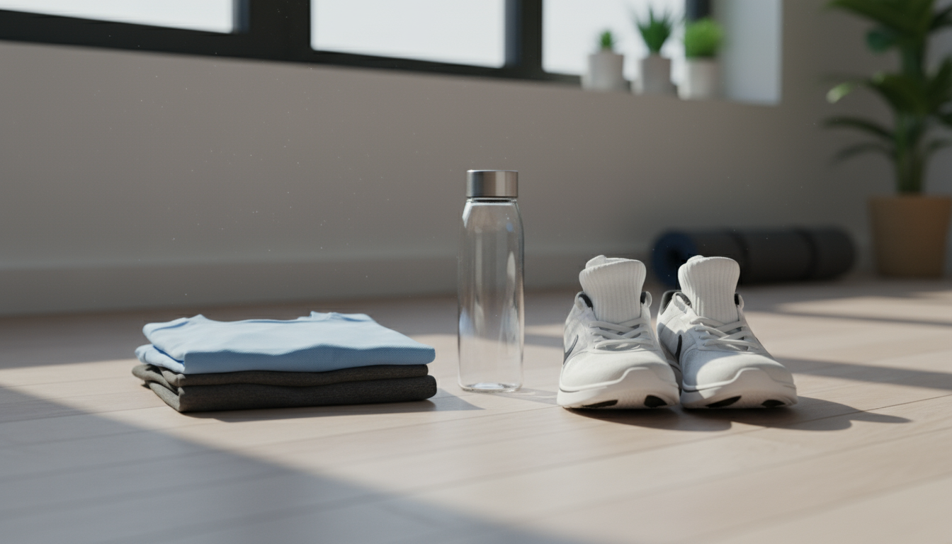 Person places running shoes on a wood floor in a minimalist room, illuminated by soft morning light, symbolizing preparation.