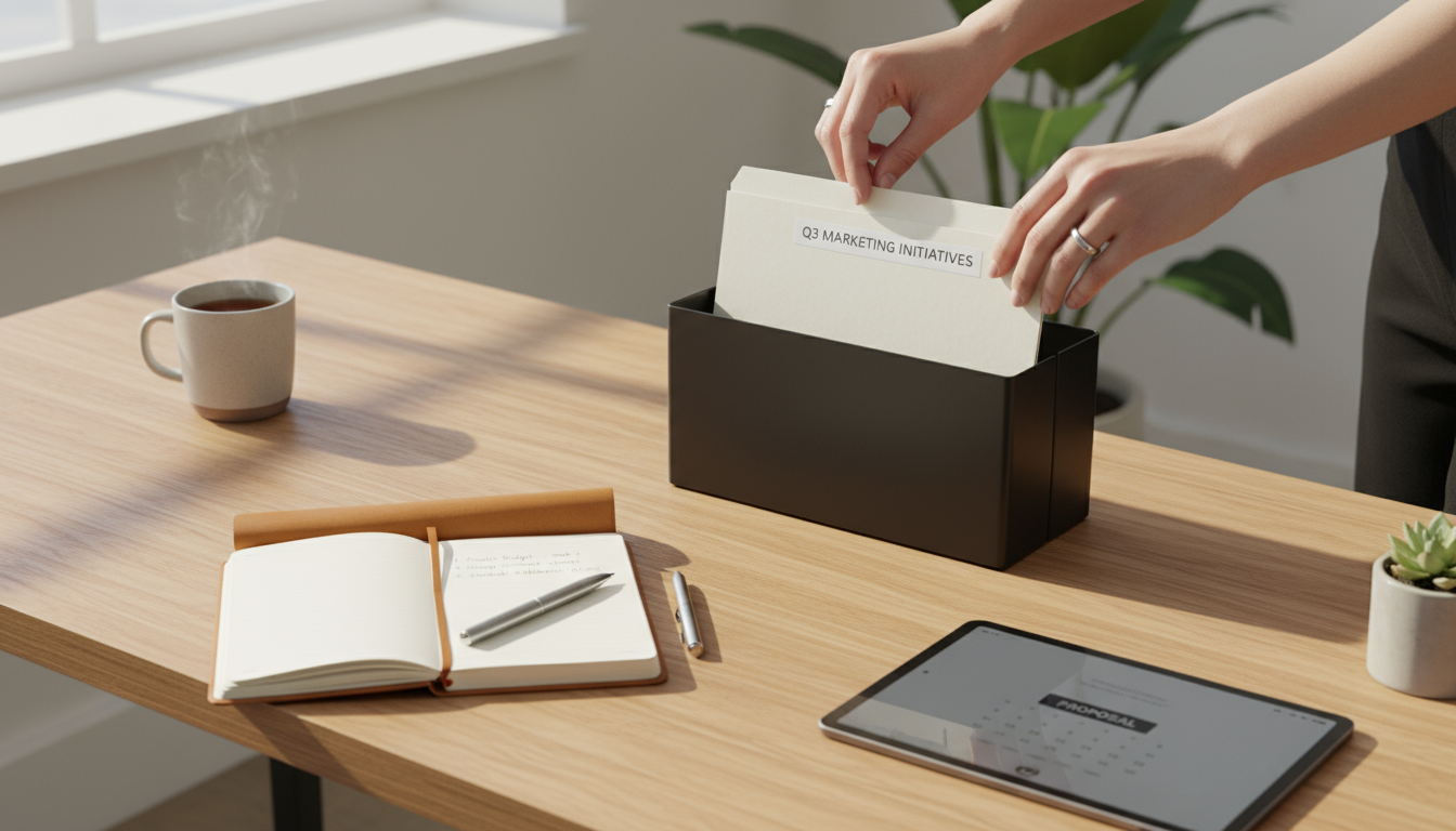 Close-up of hands organizing a minimalist desk, sliding a folder into a sleek organizer near an open journal and tablet, depicting a structured workfl