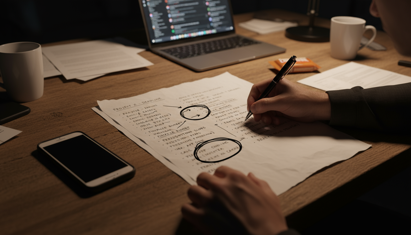 A professional at a clean desk, eyes closed and hands resting, taking a moment for a compassionate internal reset before returning to work.