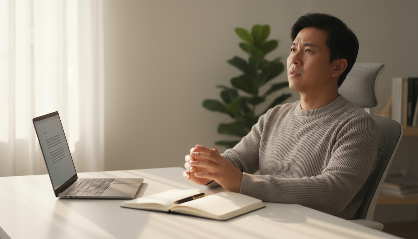 An organized minimalist light wood desk with an open notebook showing a completed brain dump, a laptop, and a plant, conveying readiness for deep work