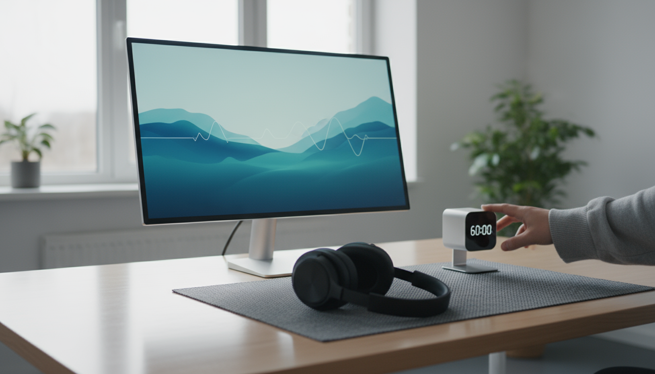 A professional sits calmly in an armchair, bathed in soft morning light, holding an open journal for reflection, with an untouched smartphone on an ad