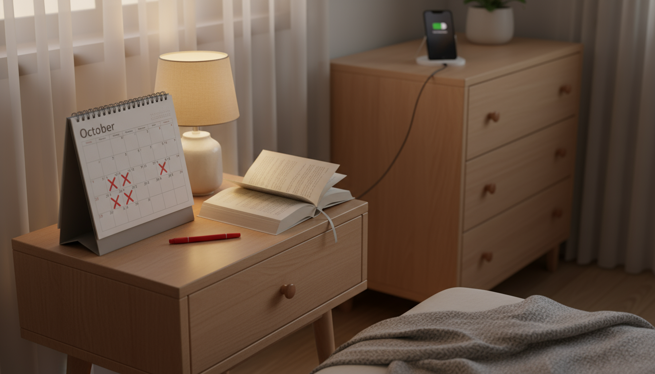 A tranquil bedroom scene featuring a bedside table with a calendar, red marker, and book, a smartphone charging across the room.