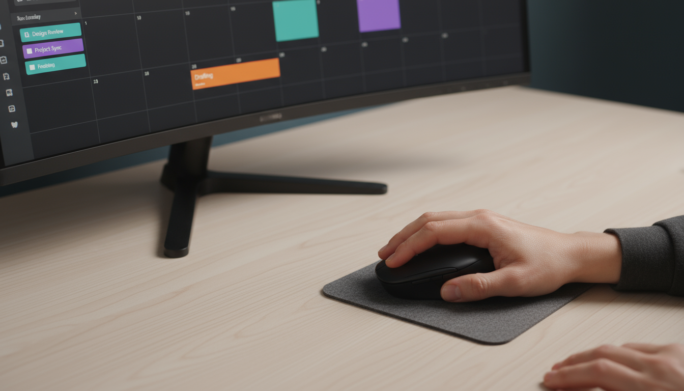 Open planner with handwritten time blocks on a minimalist, sunlit desk, alongside a digital timer and neatly stacked documents.