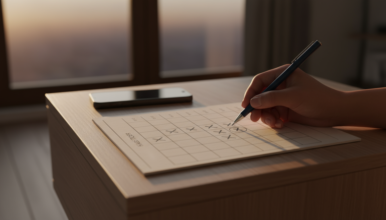 Professional taking a thoughtful sip from a mug at a perfectly organized, minimalist home office desk bathed in natural light.