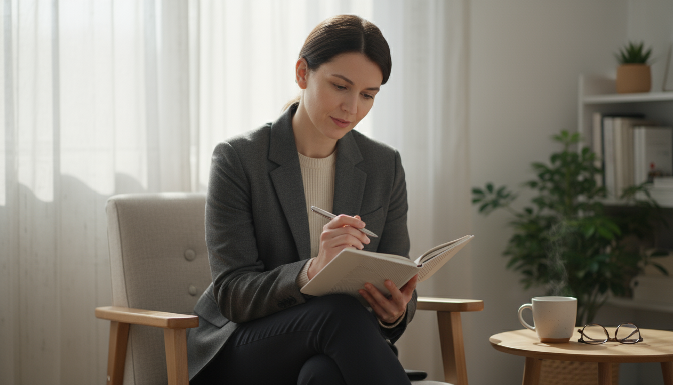 A hand reaching for a glowing smartphone on a clean, minimalist light-wood desk, capturing the moment a notification triggers a habit.