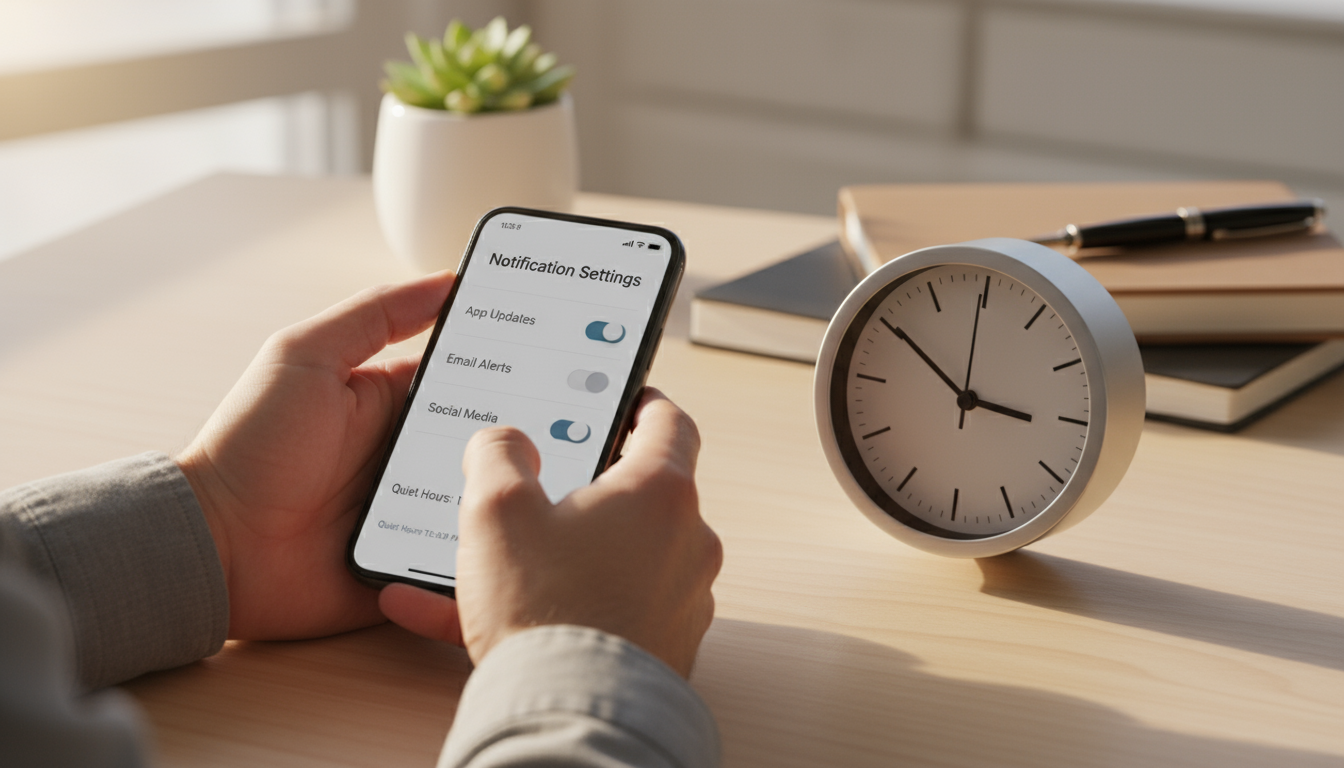 Close-up of a hand gently holding a smartphone, displaying a minimalist, grayscale home screen with only essential utility applications.