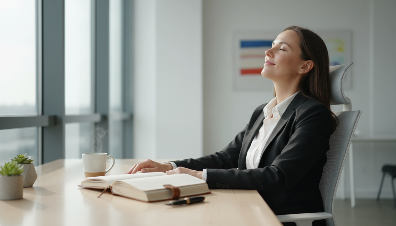 A professional contemplatively plans quarterly OKRs on a wall-mounted board in a minimalist, sunlit office.