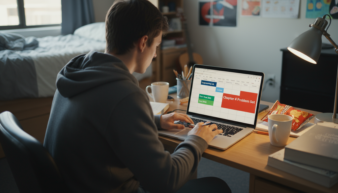 A laptop screen displaying a colorful, mosaic-like digital calendar filled with color-coded blocks for 'Email,' 'Calls,' and 'Admin.' A hand rests nea