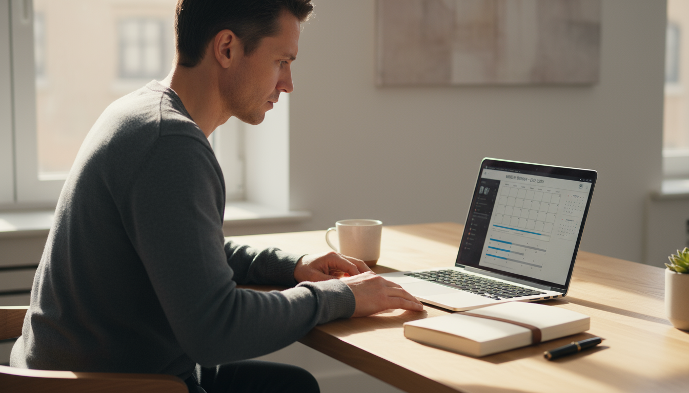 Overhead view of an uncluttered desk: laptop with cleared inbox, small tray of processed mail, open planner for high-impact projects.