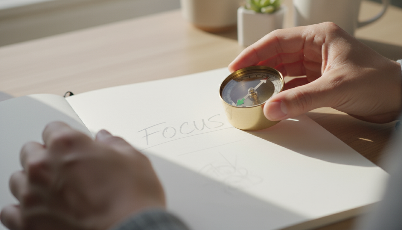 Overhead view of a clean desk showing an open journal with handwritten daily input metrics next to a tablet displaying a dashboard with quarterly outp