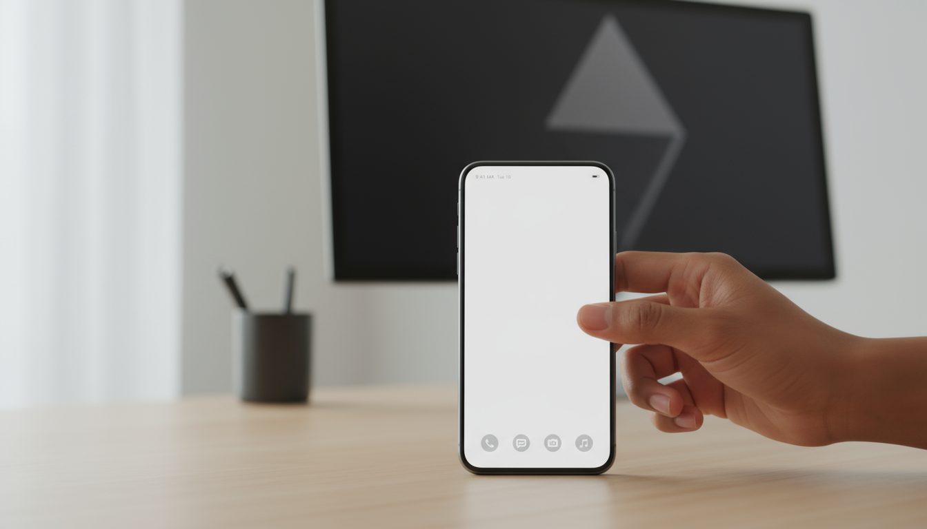 A freelance web developer's hand poised over a laptop trackpad, with an email inbox just loaded on screen, after a deep work session.