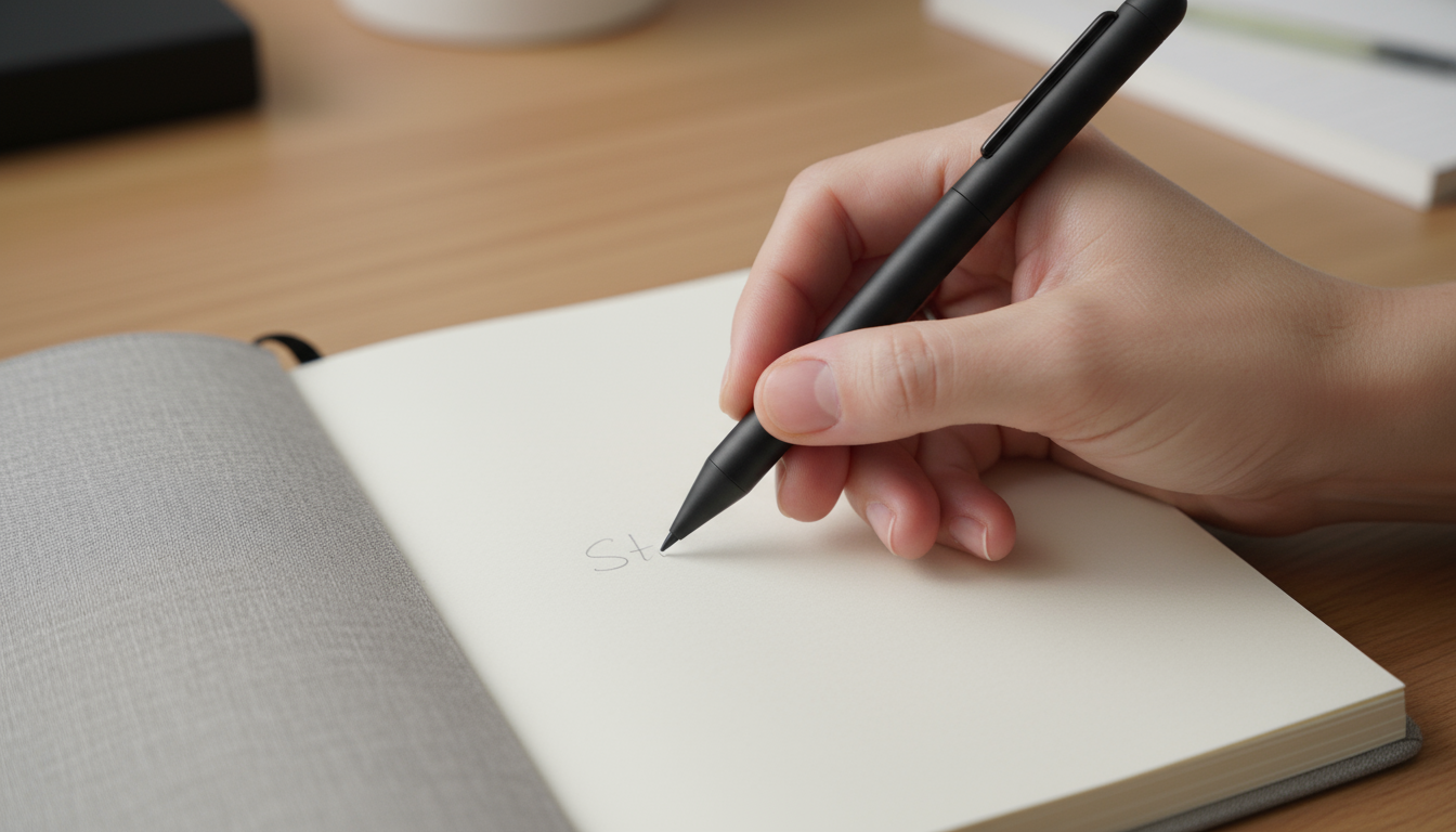 Close-up of hands typing an 'if-then' habit reversal plan on a laptop, displayed on a Notion-like interface in a clean workspace.