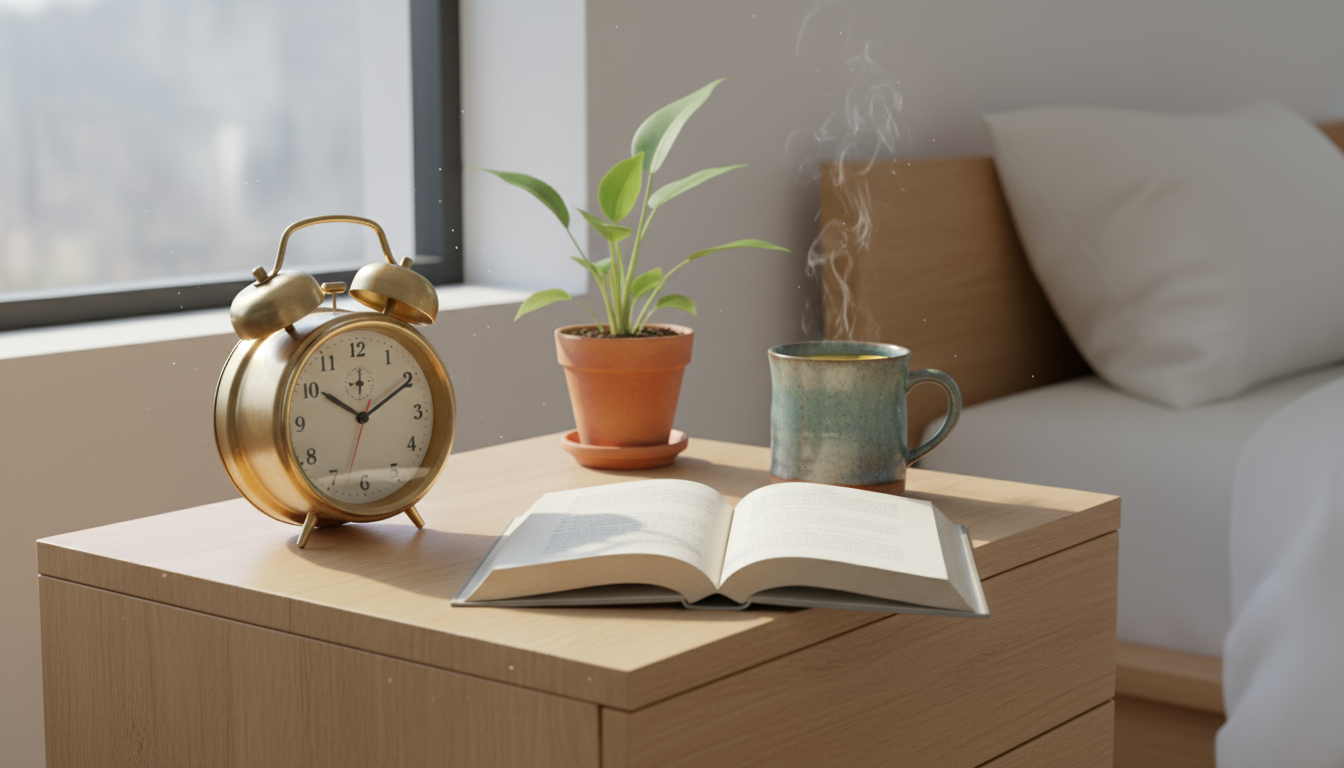 Close-up of hands tapping a smartphone screen displaying 'Focus Modes' settings on a minimalist light wood desk, with a coffee mug and plant.