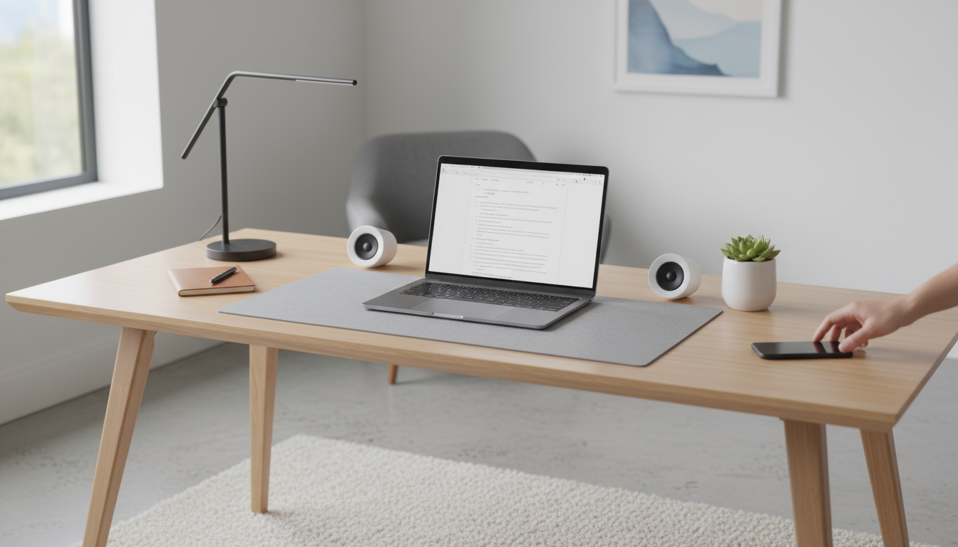 Close-up, slightly overhead shot of hands hovering over a laptop with a clear desktop, signaling work complete. A 'done list' notebook rests on a mini