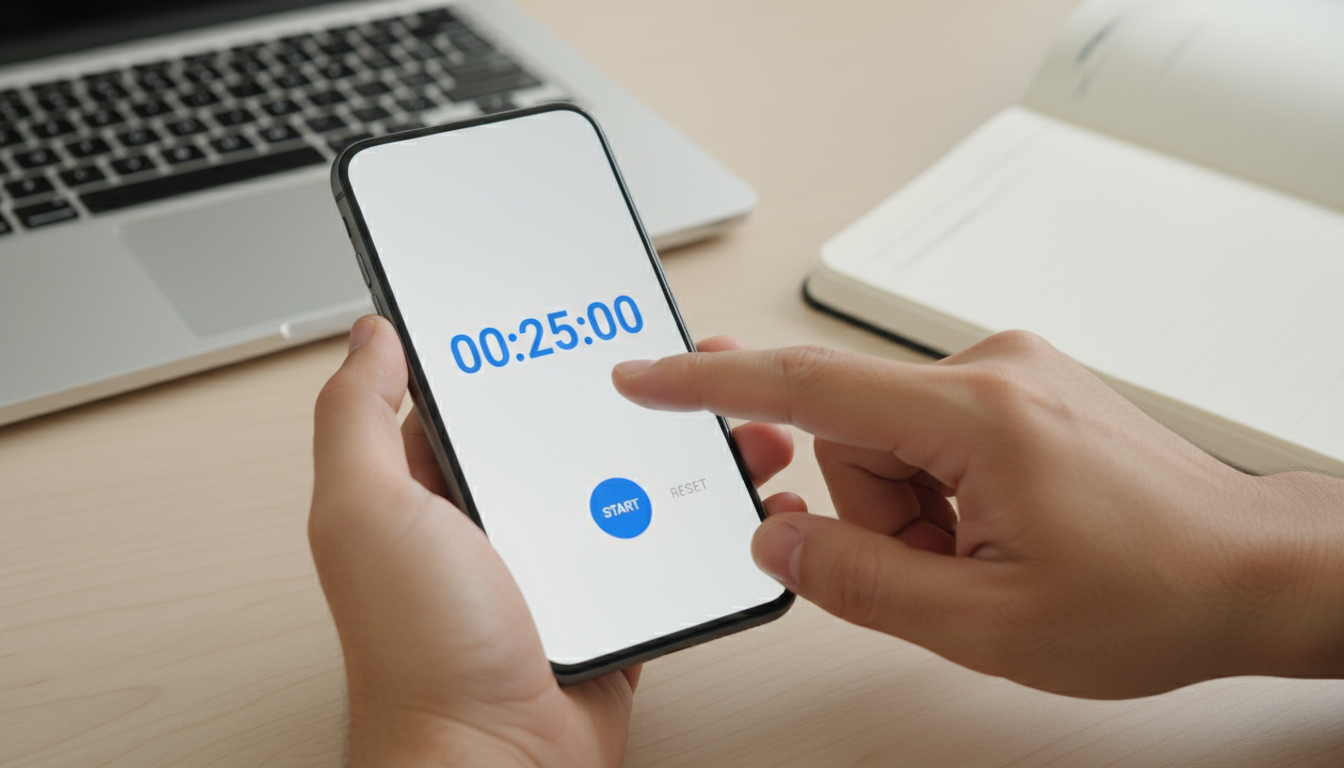 A person reviewing a handwritten time log on a notebook at a minimalist desk, showing focused analysis.