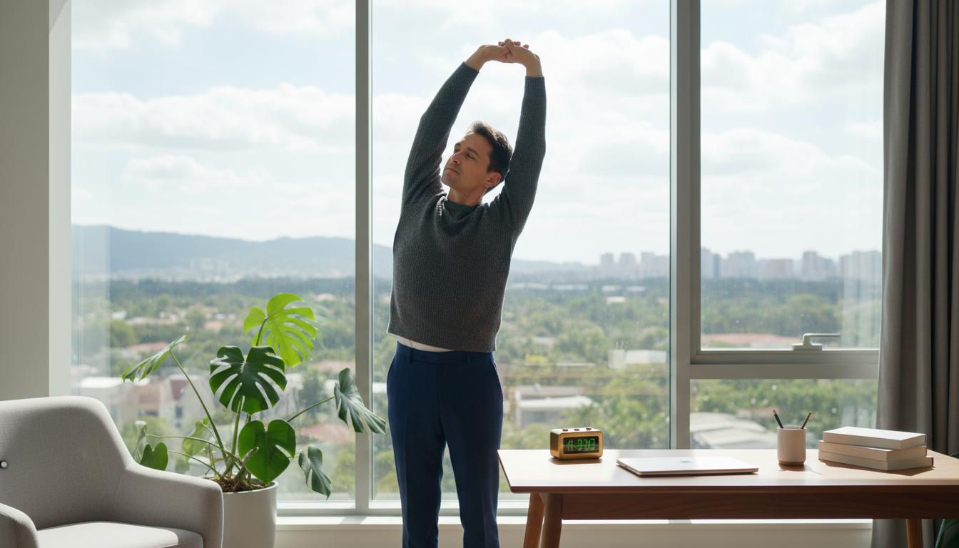 Professional at a clean, minimalist desk, intensely focused on a stream of incoming emails and chat messages, while a large, complex project document
