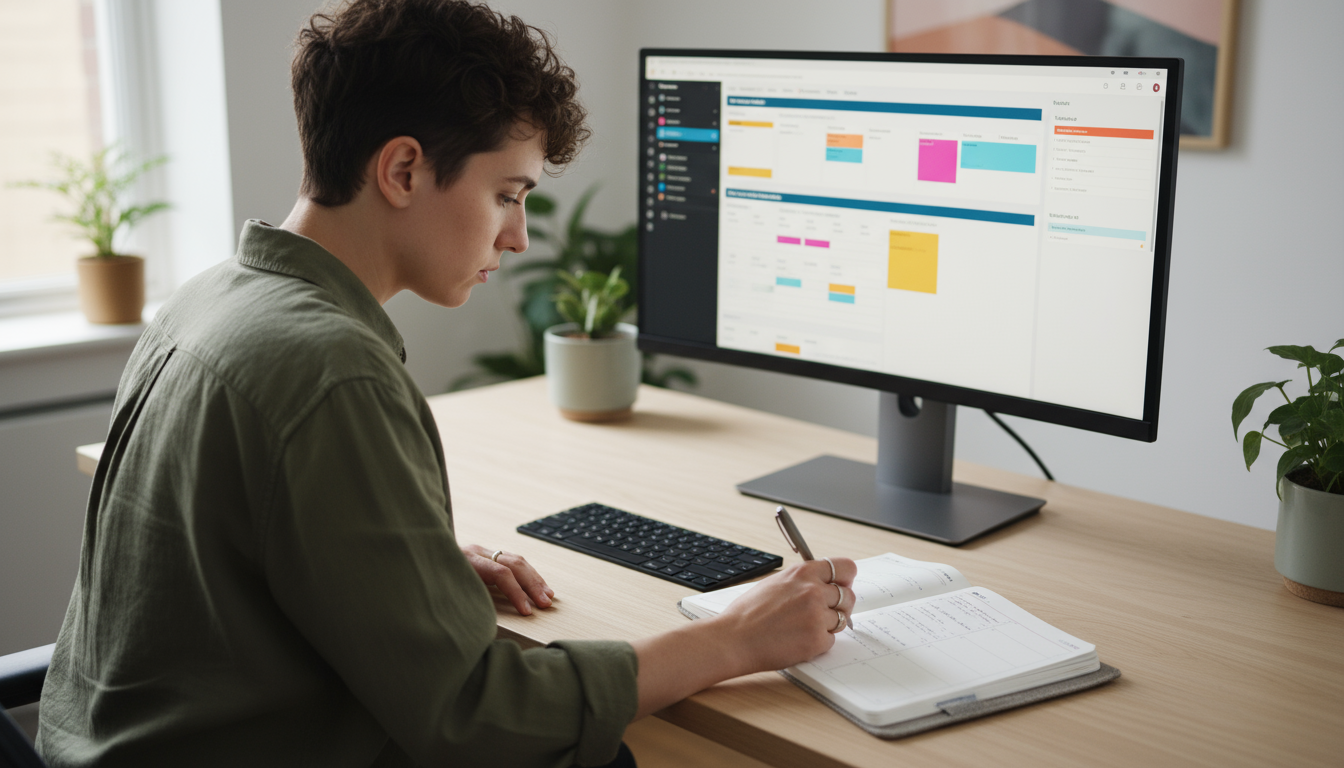 Slightly elevated, medium-close shot of a professional's hands reviewing an open minimalist planner with handwritten, bulleted measurable goals (Key R