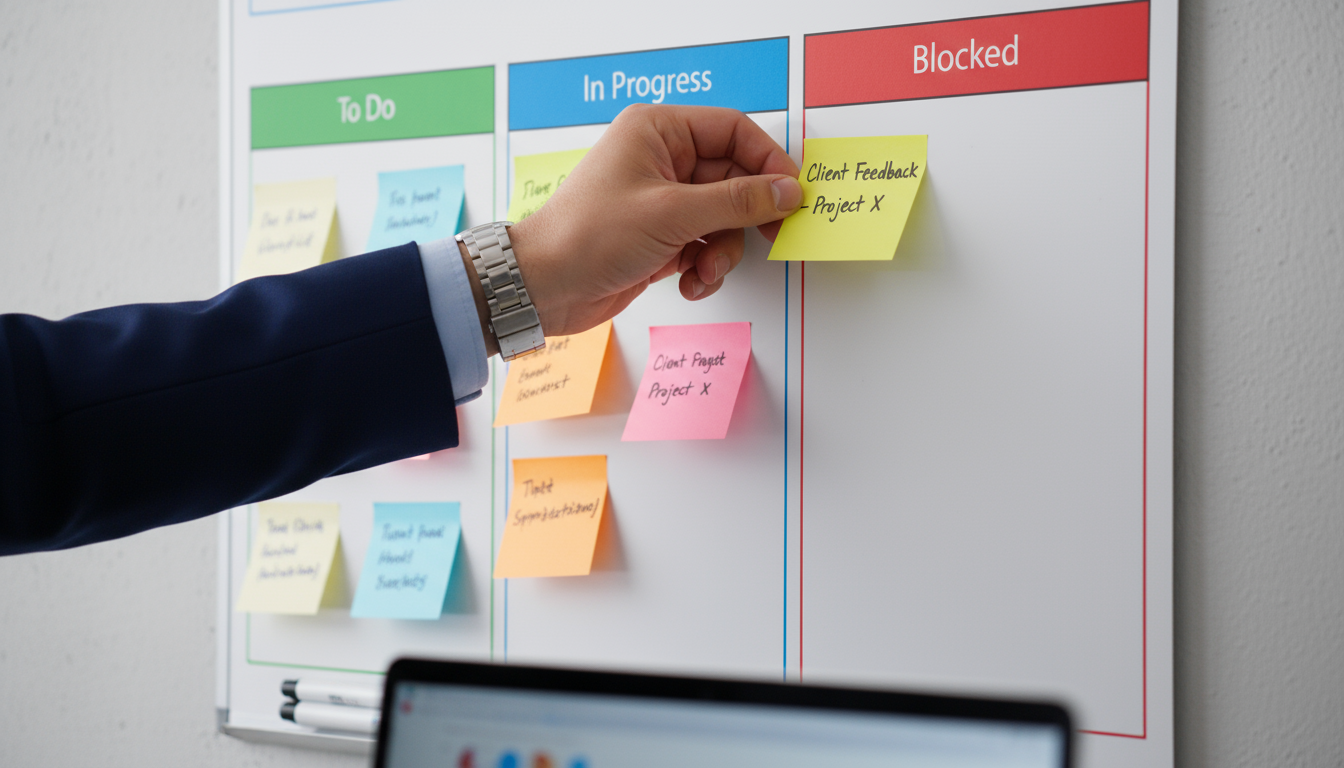 A professional stands by a whiteboard with colorful sticky notes, thoughtfully placing one, while a laptop showing a digital Kanban board sits on a de