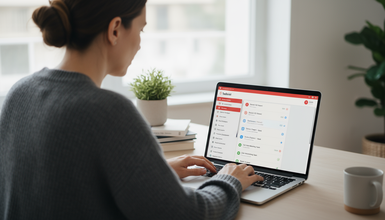 Bright, minimalist desk with a laptop showing a clean task management app, a small plant, and a notebook, implying organized work and clarity.