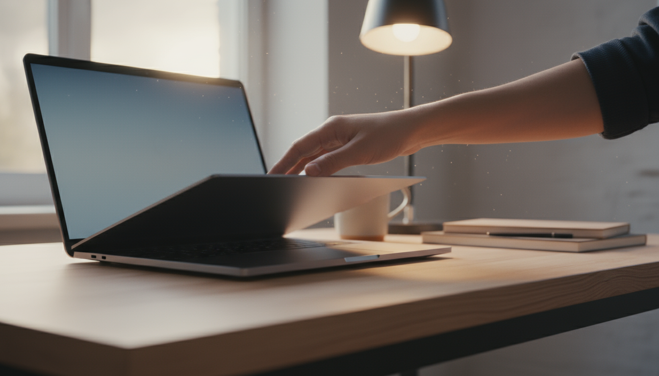 A knowledge worker in soft morning light, sitting at a wooden desk by a window, holding a ceramic mug and looking contemplatively outside.