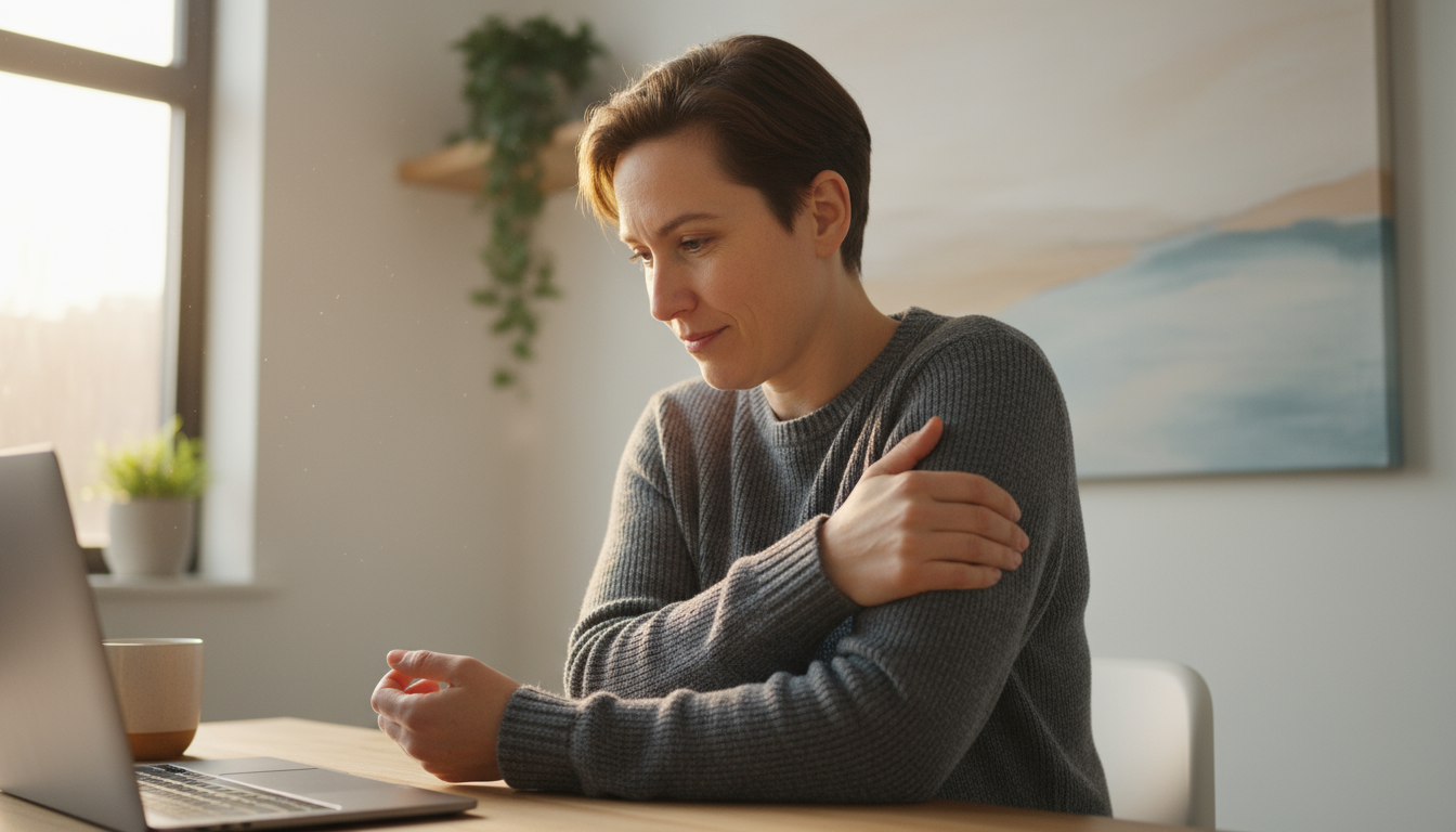 A person sits at a minimalist desk, hand to chin, gazing off-screen from their laptop, deep in thought during a work pause.