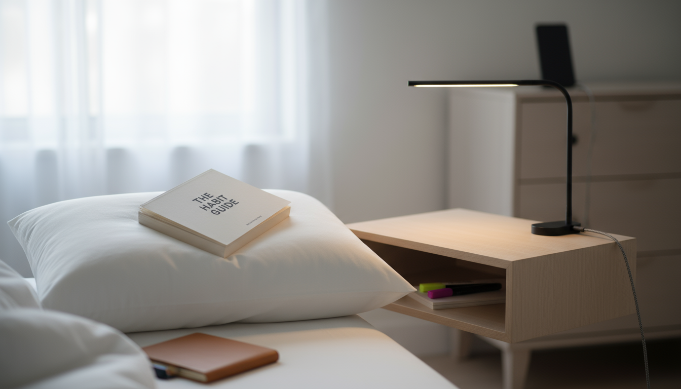 Hands of a person tidying a slightly used home office desk late at night, stacking two notebooks and placing a pen, under a soft desk lamp. Shows quie