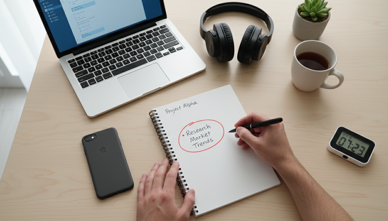 A professional sets up a laptop and planner at a kitchen island, wearing a work sweater, with subtle signs of a busy home and napping cat in the backg
