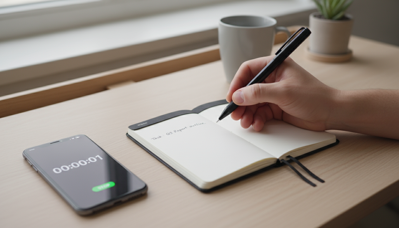 A matte black digital cube timer, displaying '20:35', in sharp focus on a light grey desk, with a blurred laptop screen and a working arm in the backg