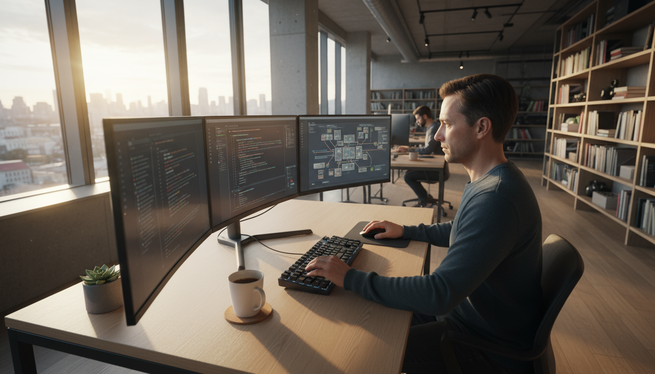 A focused professional types fluidly at a minimalist desk, natural light highlighting their efficient interaction with digital tools and shortcuts.