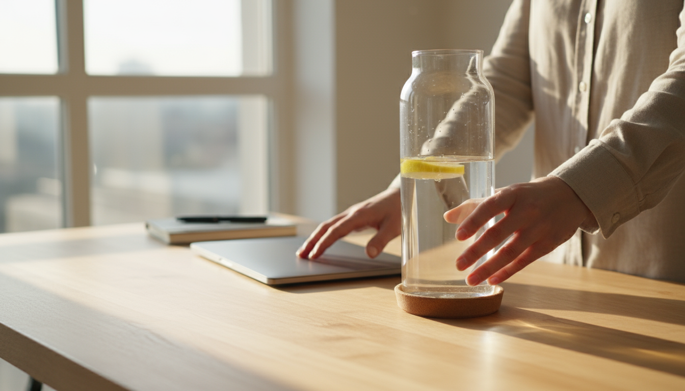 A clear glass jar about two-thirds full of white pebbles next to an open habit tracker notebook with many checkmarks and a pen on a light wood desk.