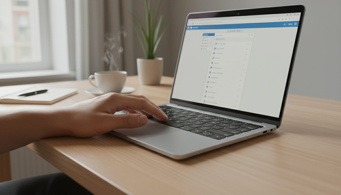 Close-up of hands tapping a 25-minute timer on a smartphone screen, set on a clean light wood desk with a blurred laptop and notebook.