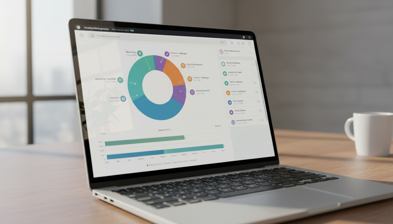 Close-up of a laptop screen displaying a time-tracking app's pie chart, revealing a significant portion of time spent on 'Social Media,' with hands on