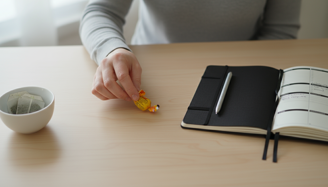Hands guiding a modern athletic shoe onto a foot, with workout clothes on a clean floor, representing a small first step for a new habit.