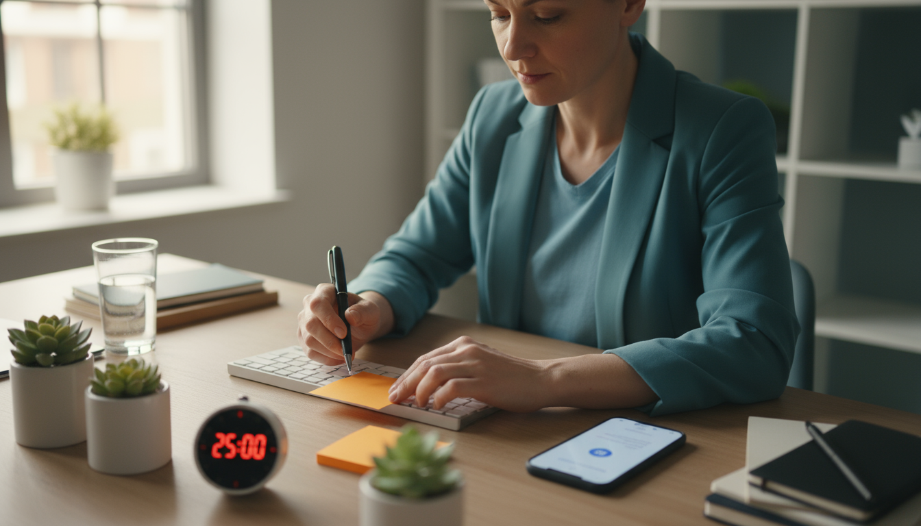 A hand with a pen making a checkmark on a planner for a completed Pomodoro, with an unfinished project visible on a laptop in the background.