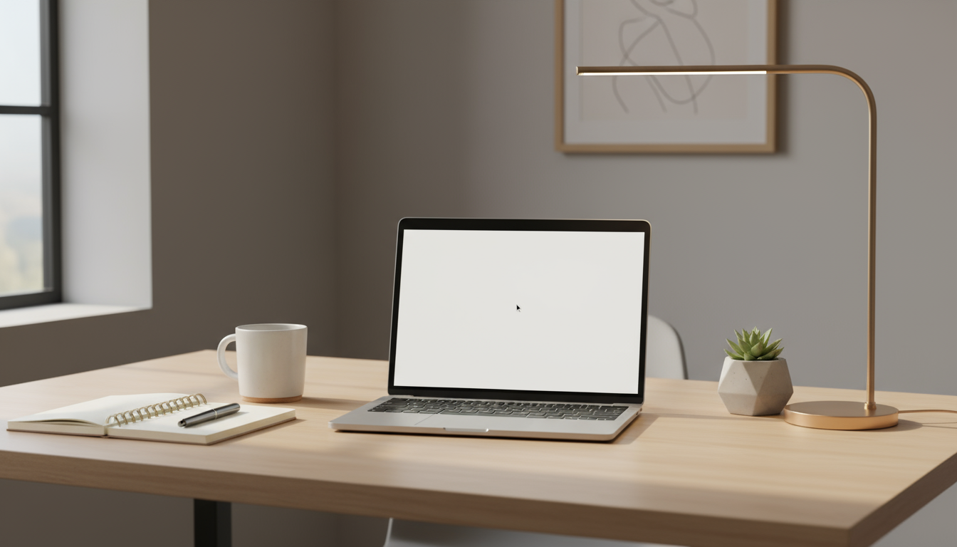 Person's hands gently placing a smooth river stone next to an open journal on a minimalist wooden desk in soft morning light.
