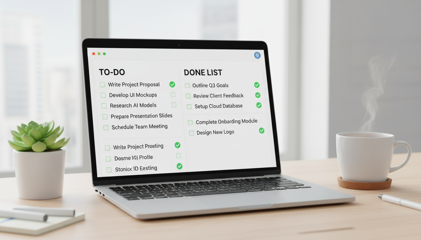 Person's hands writing a completed task on a notepad next to a stopped timer on a clean desk.