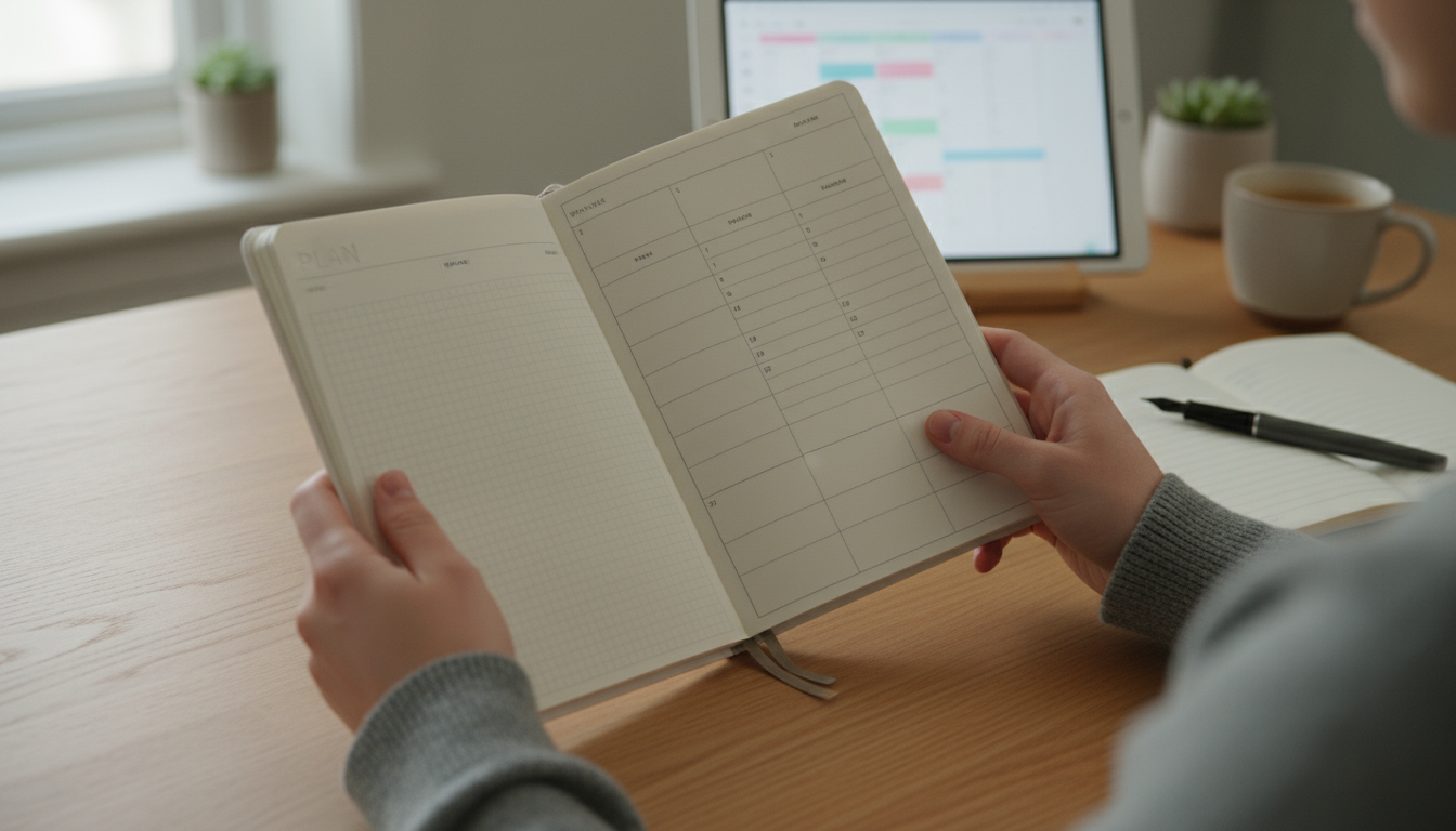 A meticulously organized, minimalist desk at dusk with a closed laptop, pen, notebook, and a timer set to zero, symbolizing a completed daily reset.