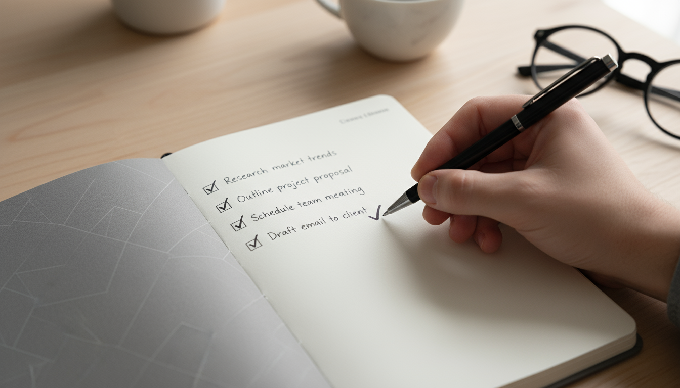 Professional's hands actively planning weekly tasks in a large physical planner on a minimalist wooden desk, bathed in natural light.
