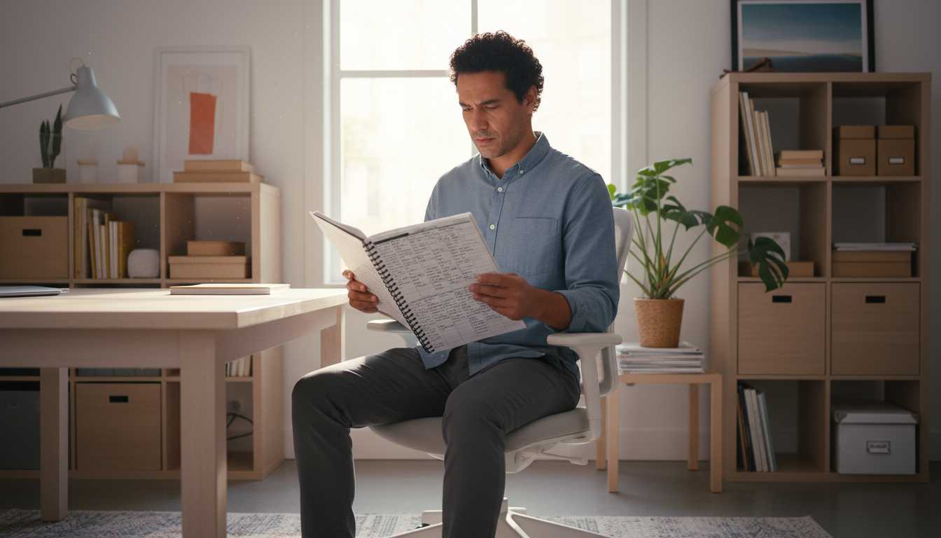 Professional's hands gently hold a pen over a weekly planner on an organized light wood desk, with a laptop and tea.