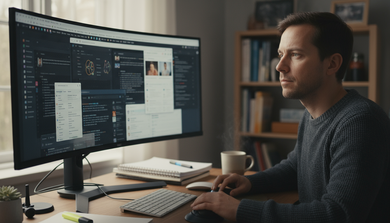 A professional calmly closes a laptop on an organized light-wood desk under warm lamp light, signaling the end of their workday.