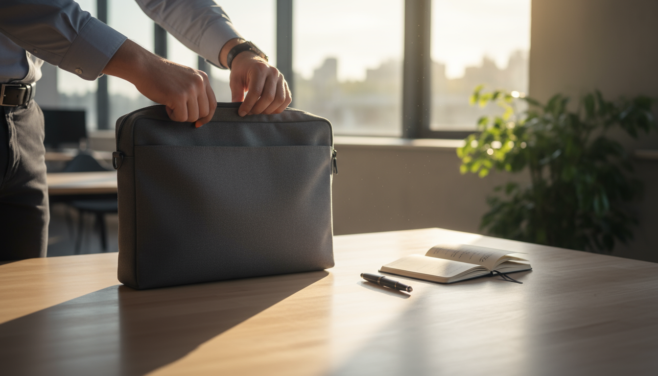Student's hands organize notes and close a planner on a clean library desk, ready to pack up after a study session.