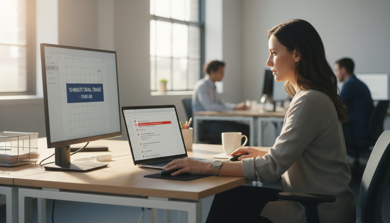 A laptop showing a clean inbox and an open planner on a minimalist desk, bathed in warm afternoon light.