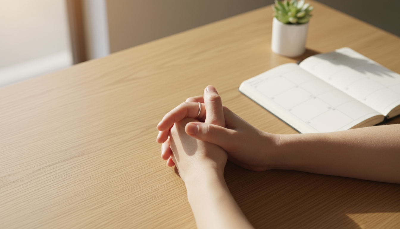 Close-up of hands placing a steaming coffee cup on a coaster; a blurred meditation cushion and mat are visible in the background, signaling a habit st