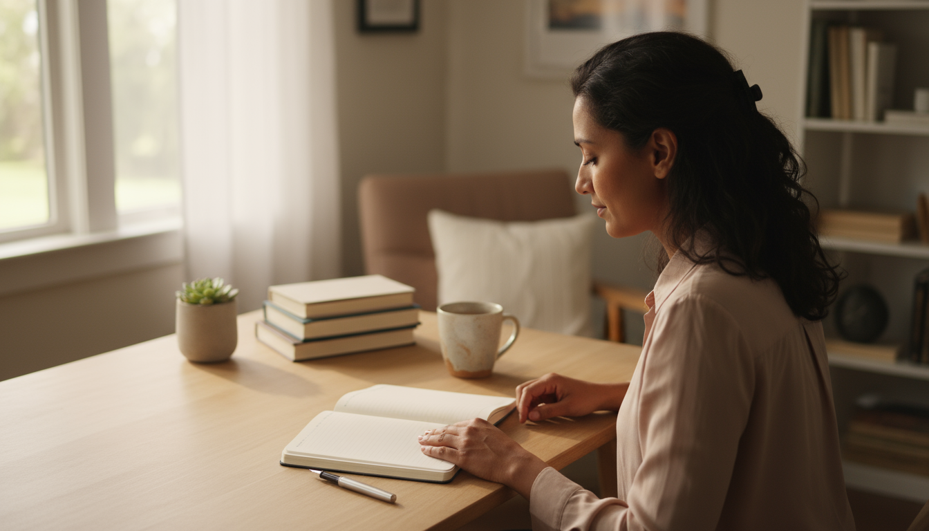 A professional's hand interacting with a laptop displaying a digital calendar, next to an open journal with handwritten goals, illustrating time block