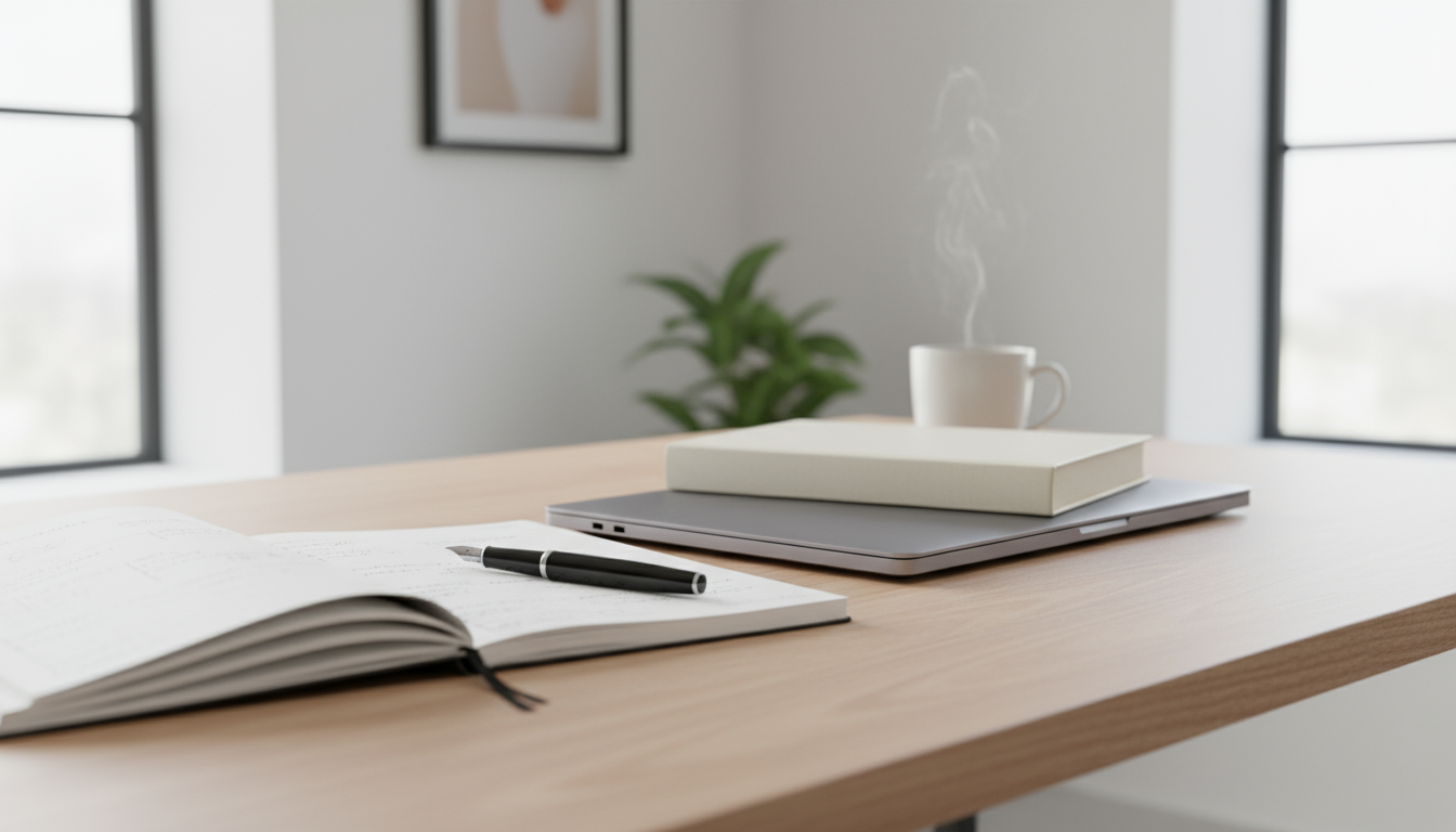 Hands gently close a planner on a minimalist desk, beside a dark-screened laptop, reflecting a tidy end to the workday.