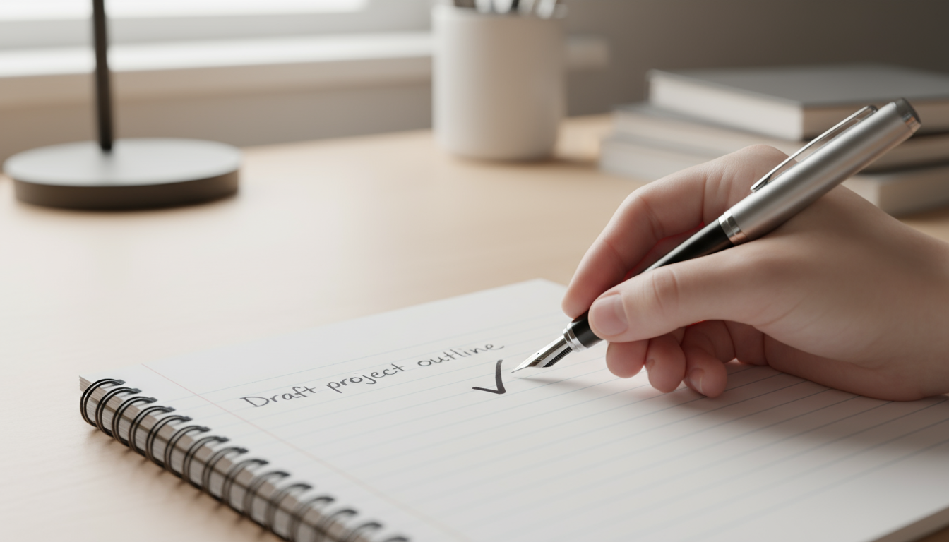 A person's hands writing a single priority task on a fresh notepad at a clean, minimalist desk with a closed laptop, bathed in soft morning light.